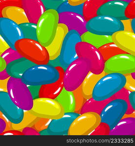 vector seamless pattern with assortment of colorful fruit gelatin jelly beans, jellybean candy background, flat illustration, bright rainbow colors. marmalade beans for seamless food backgrounds