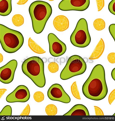 Vector seamless pattern with avocado - half an avocado and lemon slices on white background, healthy breakfast, natural vegan food. Endless texture. Flat style. Illustration menu design. Vector Avocado Toast