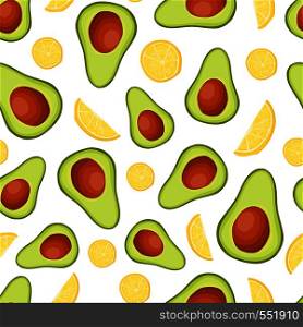 Vector seamless pattern with avocado - half an avocado and lemon slices on white background, healthy breakfast, natural vegan food. Endless texture. Flat style. Illustration menu design. Vector Avocado Toast