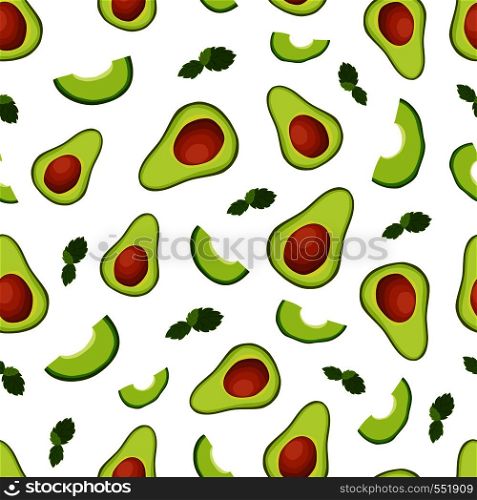 Vector seamless pattern with avocado - half an avocado and slices on white background, healthy breakfast, natural vegan food. Endless texture. Flat style. Illustration menu design. Vector Avocado Toast