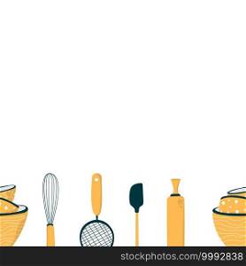 Vector. Seamless pattern with baking essentials. Modern design. Kitchen tools repeat bakcground. Baking poster 