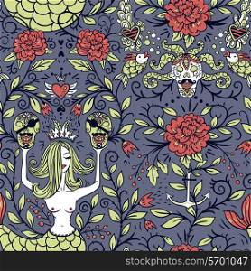 vector seamless pattern with beautiful mermaids, pirates skulls and blooming roses