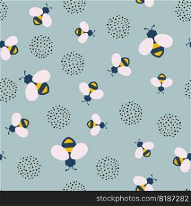 vector seamless pattern with bee and dotted floral symbols. colorful seamless background with honeybees and dots