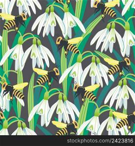 Vector seamless pattern with bees flying among snowdrops