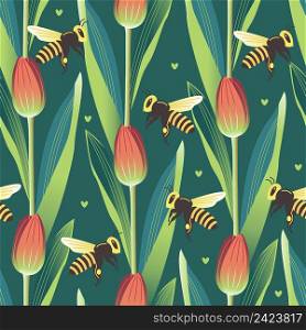 Vector seamless pattern with bees flying among tulips
