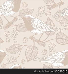 vector seamless pattern with beige birds and leaves