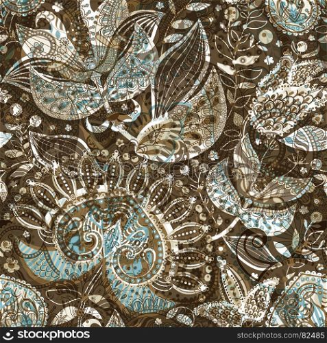 Vector seamless pattern with big decorative flowers. Blue and brown floral wallpaper. Vector seamless pattern with big decorative flowers. Blue and brown floral wallpaper. Textile, web