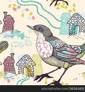 vector seamless pattern with birds and abstract houses