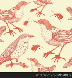 vector seamless pattern with birds and beetles