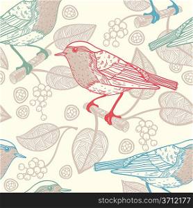 vector seamless pattern with birds and berries