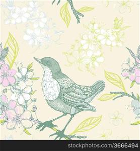 vector seamless pattern with birds and blooming apple tree