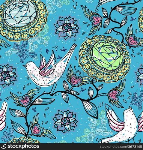 vector seamless pattern with birds and brooches