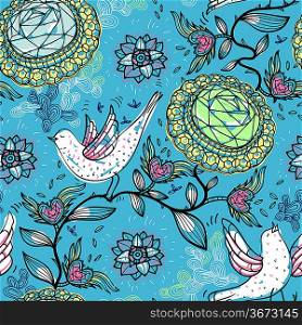 vector seamless pattern with birds and brooches