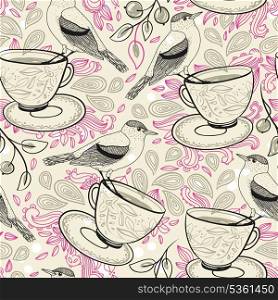vector seamless pattern with birds and cups