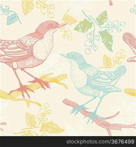 vector seamless pattern with birds and currant berries