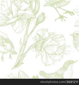 vector seamless pattern with birds and flowers