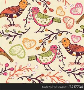 vector seamless pattern with birds and hearts