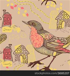 vector seamless pattern with birds and houses