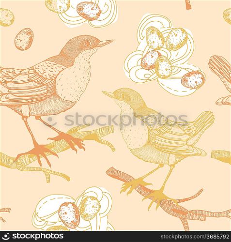 vector seamless pattern with birds and nests in a vintage style