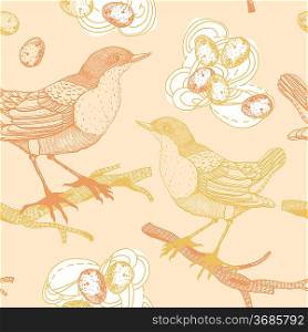 vector seamless pattern with birds and nests in a vintage style