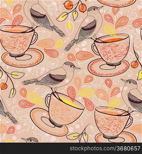 vector seamless pattern with birds and tea cups