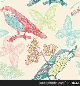 vector seamless pattern with birds ,flowers and butterflies