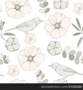 Vector seamless pattern with birds, pink flowers, eucalyptus leaves and cotton balls