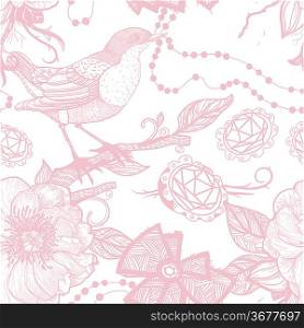 vector seamless pattern with birds,roses and jewelry