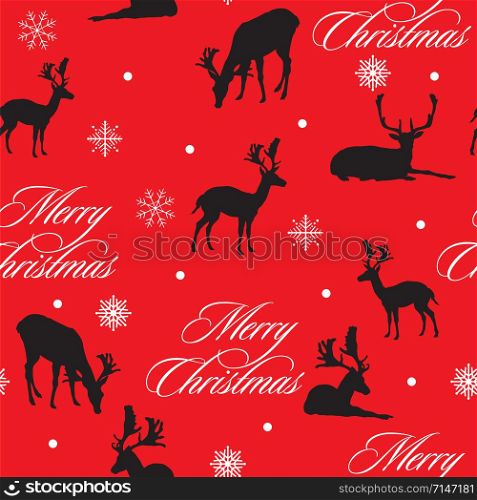 Vector seamless pattern with black deers silhouette and white snowflakes on red background. Vector stock illustration.Winter holiday, Christmas eve concept. For prints, banners, stickers, cards