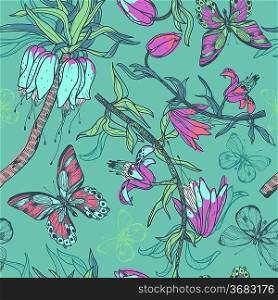 vector seamless pattern with blooming flowers and colorful butterflies