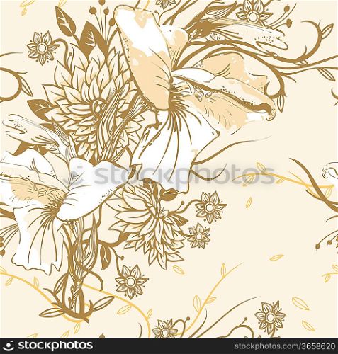 vector seamless pattern with blooming flowers of gladiolus