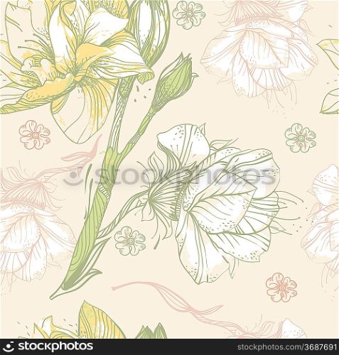 vector seamless pattern with blooming flowers on a bright beige background