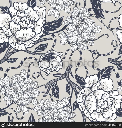 vector seamless pattern with blooming roses and hydrangea