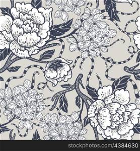 vector seamless pattern with blooming roses and hydrangea