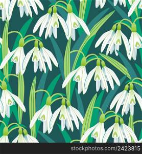 Vector seamless pattern with blooming snowdrops on a dark background