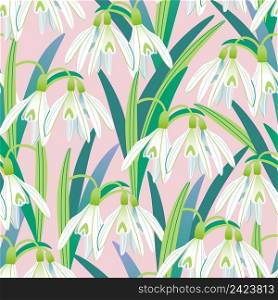 Vector seamless pattern with blooming snowdrops on a pink background