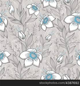 Vector seamless pattern with blue and white flowers