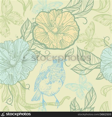 vector seamless pattern with blue birds and blooming flowers