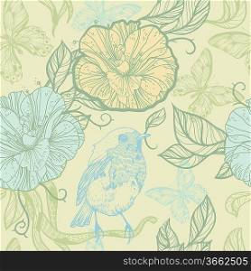 vector seamless pattern with blue birds and blooming flowers