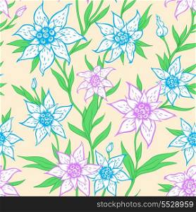 Vector seamless pattern with blue flowers and leaves