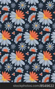 Vector seamless pattern with blue groovy flowers on dark blue background. Nature retro floral texture for fabric and wallpaper. Hippie mood. Flower power backdrop.. Vector seamless pattern with blue groovy flowers on dark blue background. Nature retro floral texture for fabric and wallpaper. Hippie mood.