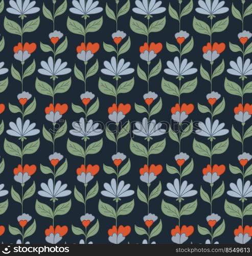 Vector seamless pattern with blue groovy flowers on stems and foliage on dark blue background. Nature retro floral texture for fabric. Hippie mood wallpaper. Flower power backdrop.. Vector seamless pattern with blue groovy flowers on stems and foliage on dark blue background. Nature retro floral texture for fabric.