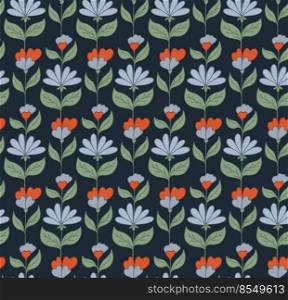 Vector seamless pattern with blue groovy flowers on stems and foliage on dark blue background. Nature retro floral texture for fabric. Hippie mood wallpaper. Flower power backdrop.. Vector seamless pattern with blue groovy flowers on stems and foliage on dark blue background. Nature retro floral texture for fabric.