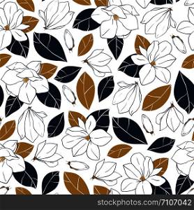 Vector seamless pattern with botanical elements. Magnolia flowers,buds and leaves in deep blue and mustard colors. Design for print,wrapping paper. Vector seamless pattern with botanical elements. Magnolia flowers,buds and leaves in deep blue and mustard colors on white background. Design for print,wrapping paper.