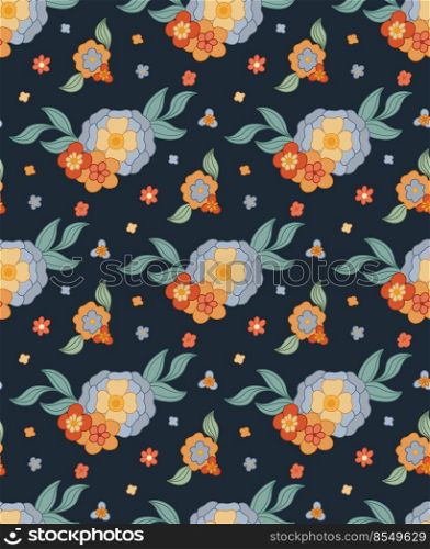 Vector seamless pattern with bouquet of groovy flowers and stems on dark blue background with ditsy. Retro hippie floral arrangement texture. Natural background for fabric and wallpaper. Vector seamless pattern with bouquet of groovy flowers and stems on dark blue background with ditsy. Retro hippie floral arrangement texture.
