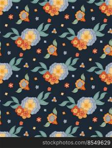 Vector seamless pattern with bouquet of groovy flowers and stems on dark blue background with ditsy. Retro hippie floral arrangement texture. Natural background for fabric and wallpaper. Vector seamless pattern with bouquet of groovy flowers and stems on dark blue background with ditsy. Retro hippie floral arrangement texture.