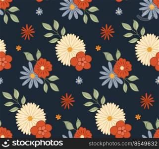Vector seamless pattern with bouquet of groovy flowers and stems on dark pattern. Hippie mood. Retro floral texture. Nature background for fabric and wallpaper. Vector seamless pattern with bouquet of groovy flowers and stems on dark pattern. Hippie mood. Retro floral texture.