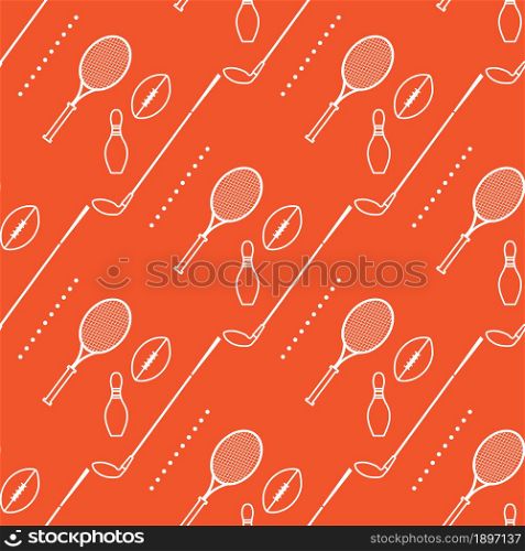Vector seamless pattern with bowling pin, tennis racket, rugby ball, golf putter. Sports theme. Game, hobby, entertainment. Sports equipment. Design for wrapping, fabric or print.