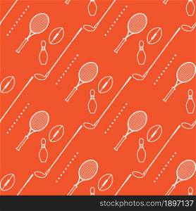 Vector seamless pattern with bowling pin, tennis racket, rugby ball, golf putter. Sports theme. Game, hobby, entertainment. Sports equipment. Design for wrapping, fabric or print.
