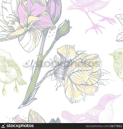 vector seamless pattern with bright flowers and colorful birds